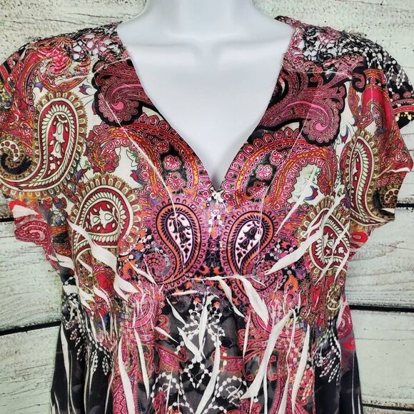 Live and Let Live Women’s L Boho Paisley Lace Back Short Sleeve Tunic Top Black - Picture 3 of 8